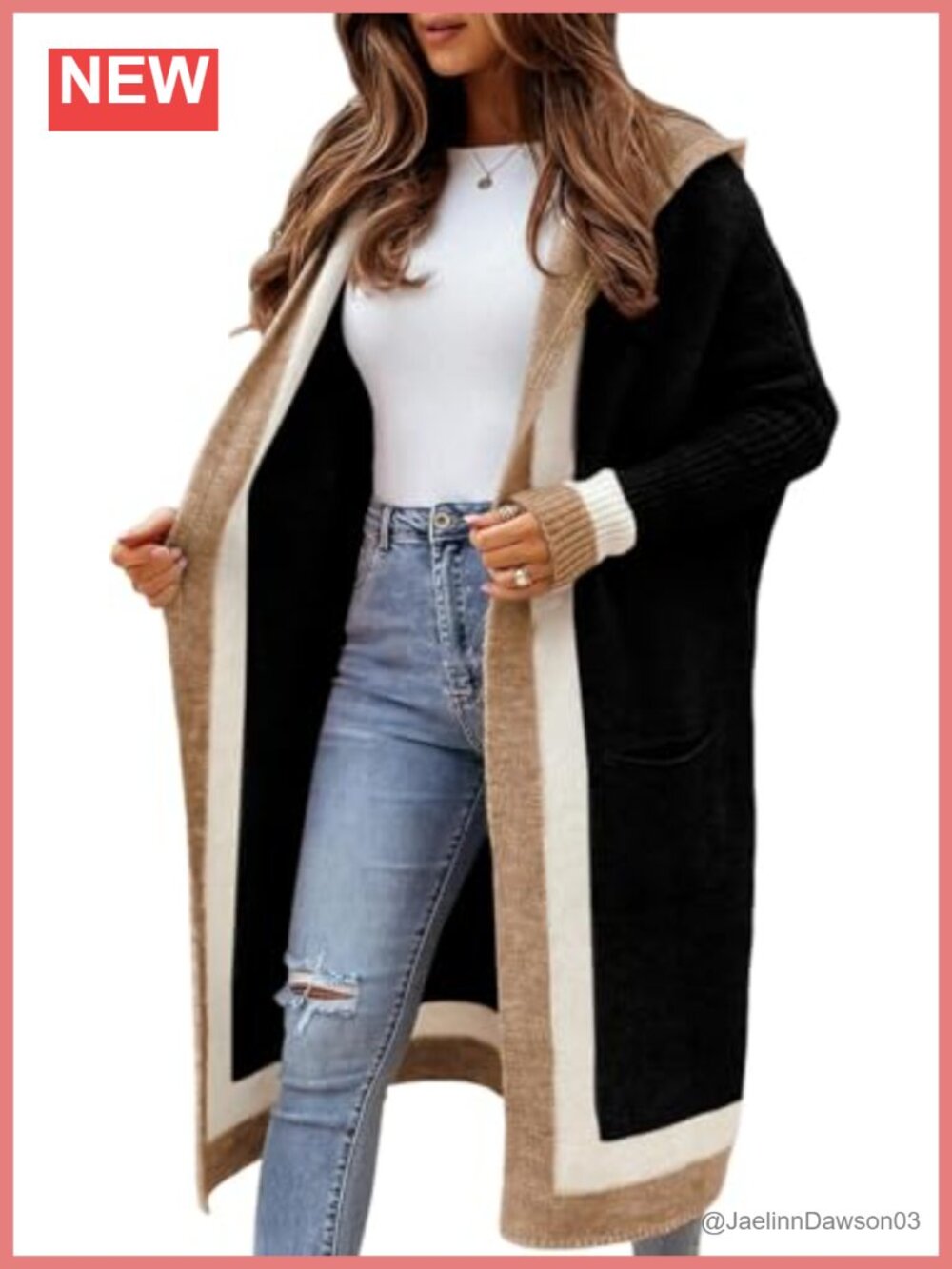 Women's Color Block Striped Hooded Knit Long Cardigan Sweater Oversized Open
